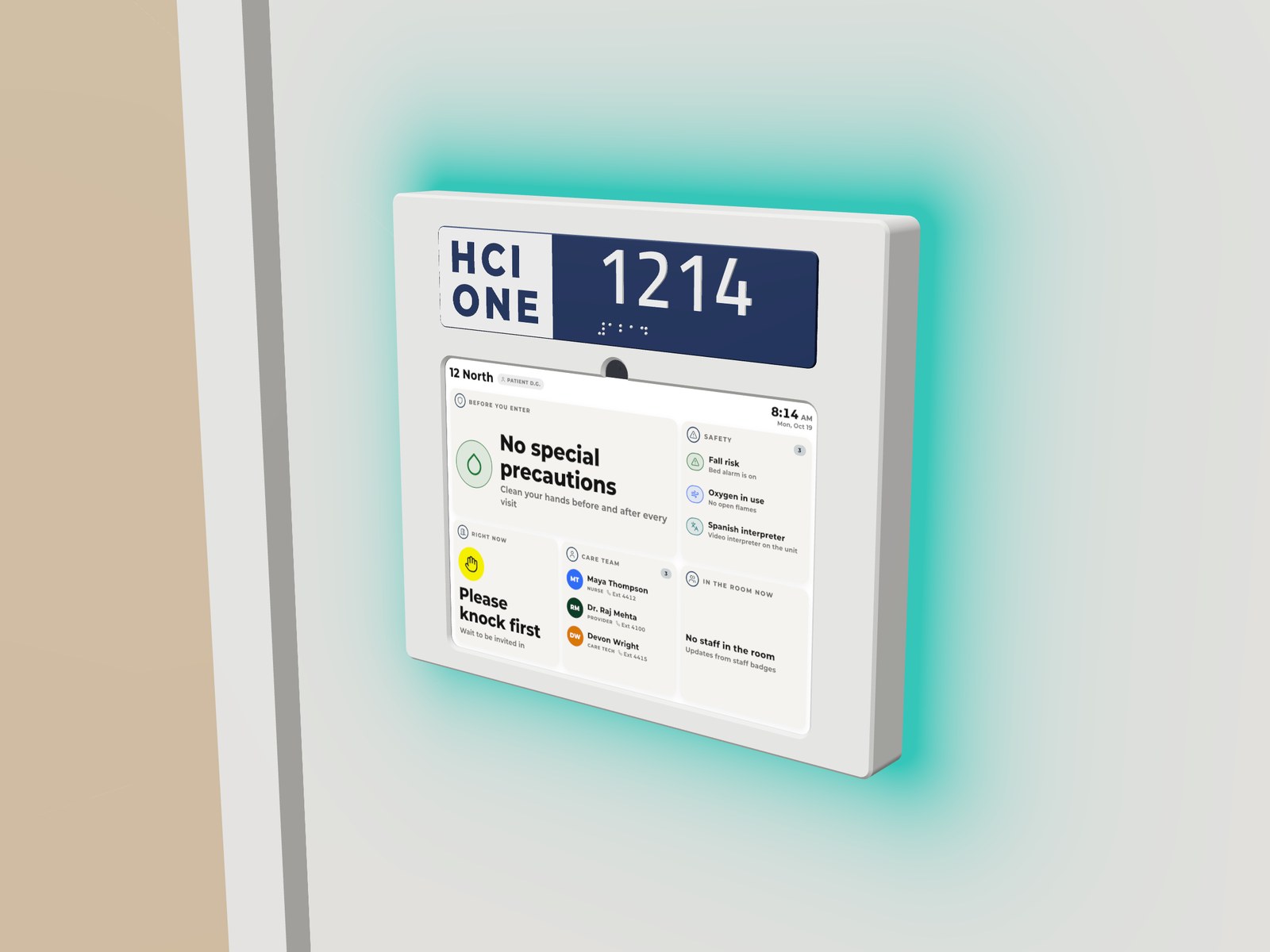 Float iPad door sign in white with a navy room plate for room 1214, the HCI ONE Door Sign app on screen and a halo of light on the wall