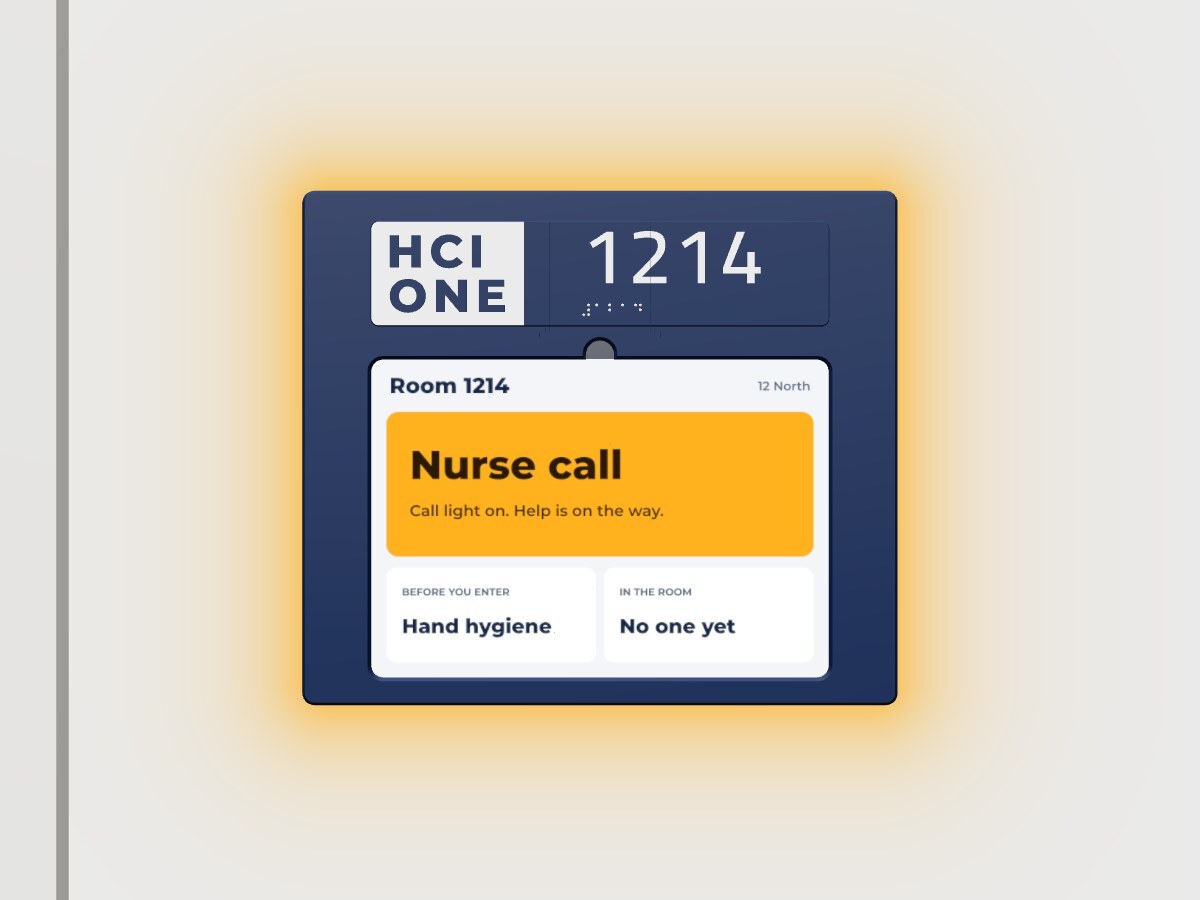 Float showing a nurse call alert, with amber light on the wall all around the sign