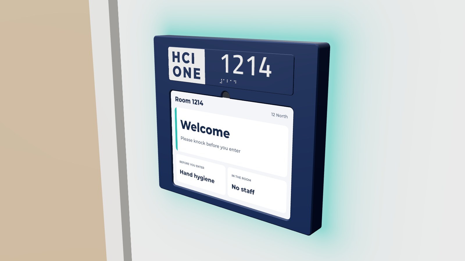 Float, the FL11 iPad door sign in navy for room 1214, standing a quarter inch off the wall with teal light on the wall all around its edge