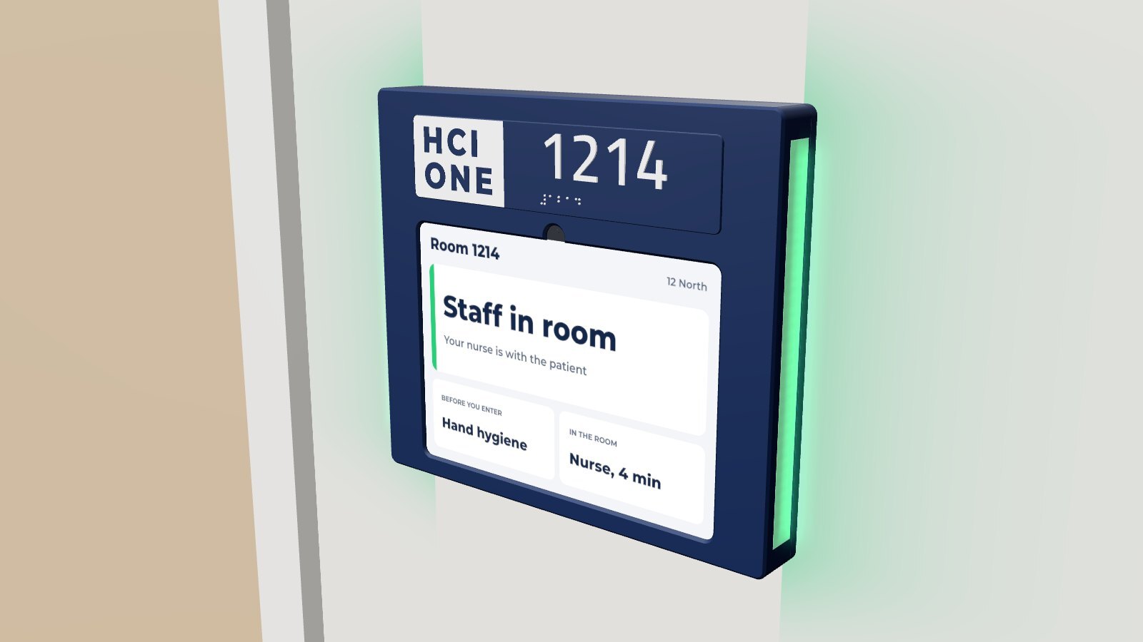 Sidebar, the FL11 iPad door sign in navy, flush to the wall with green light bars down both sides while staff are in the room