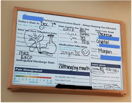 Dry erase board in hospital setting.