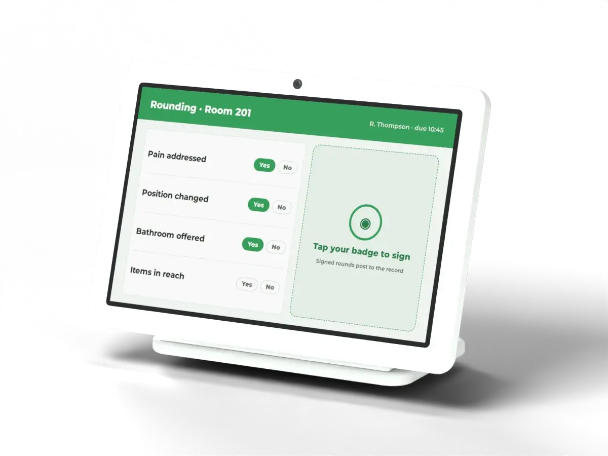 10" Desk Display in white, showing HCI ONE sample data