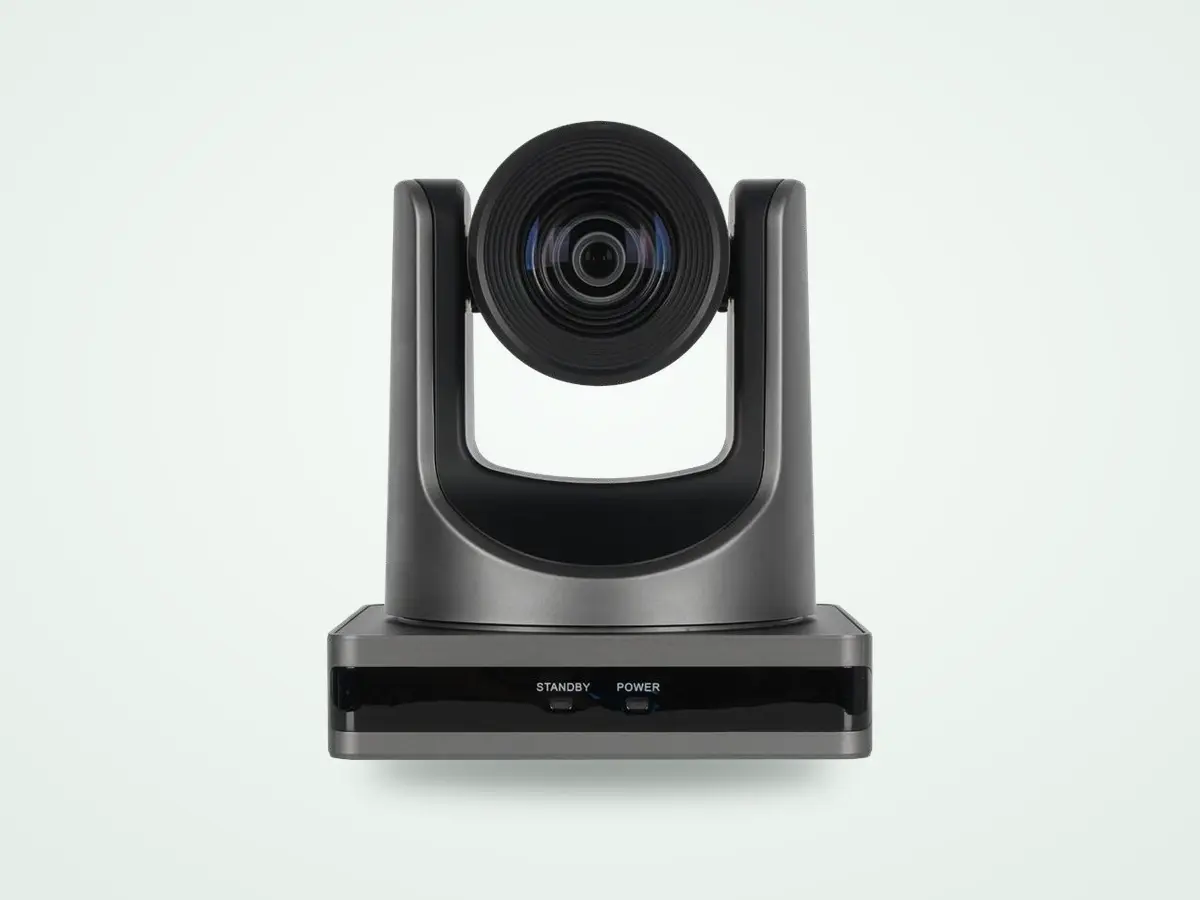 Desk Camera Long, a 20x pan and tilt camera, shown from the front