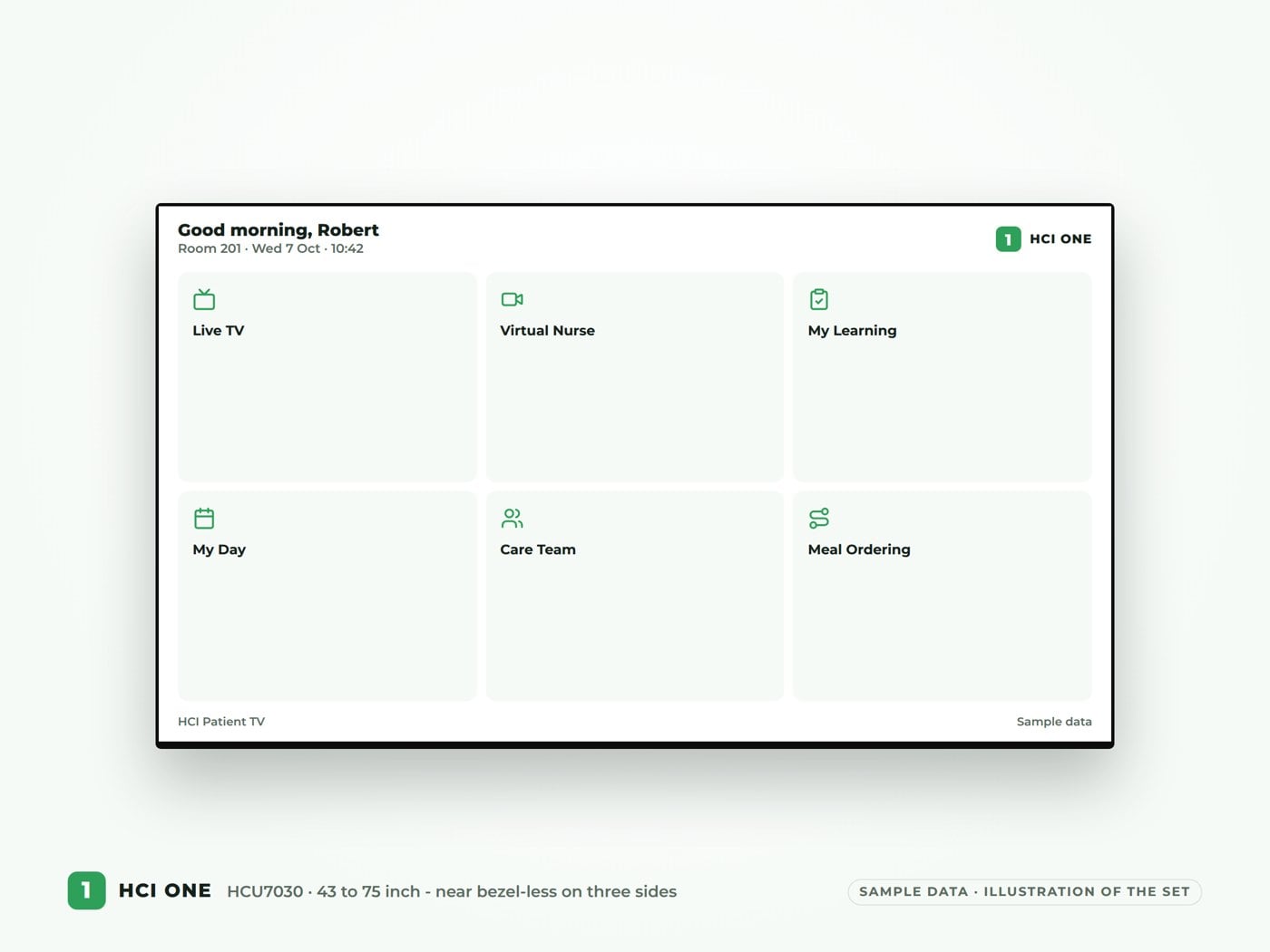 Samsung Healthcare TVs showing HCI ONE sample data