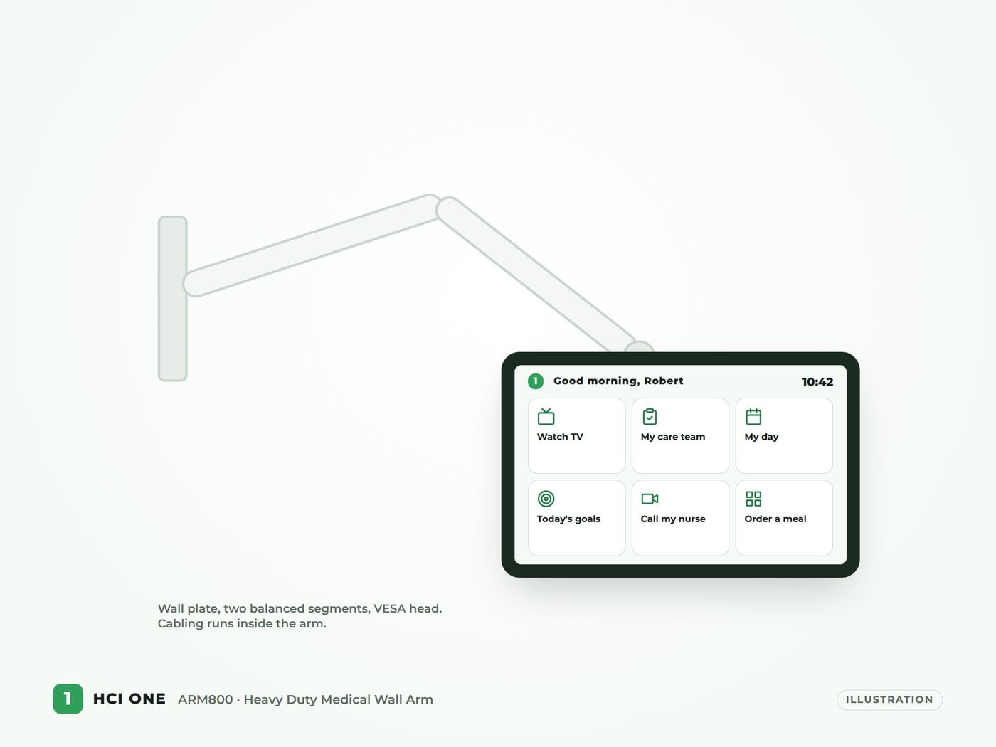 Heavy Duty Medical Wall Arm showing HCI ONE sample data