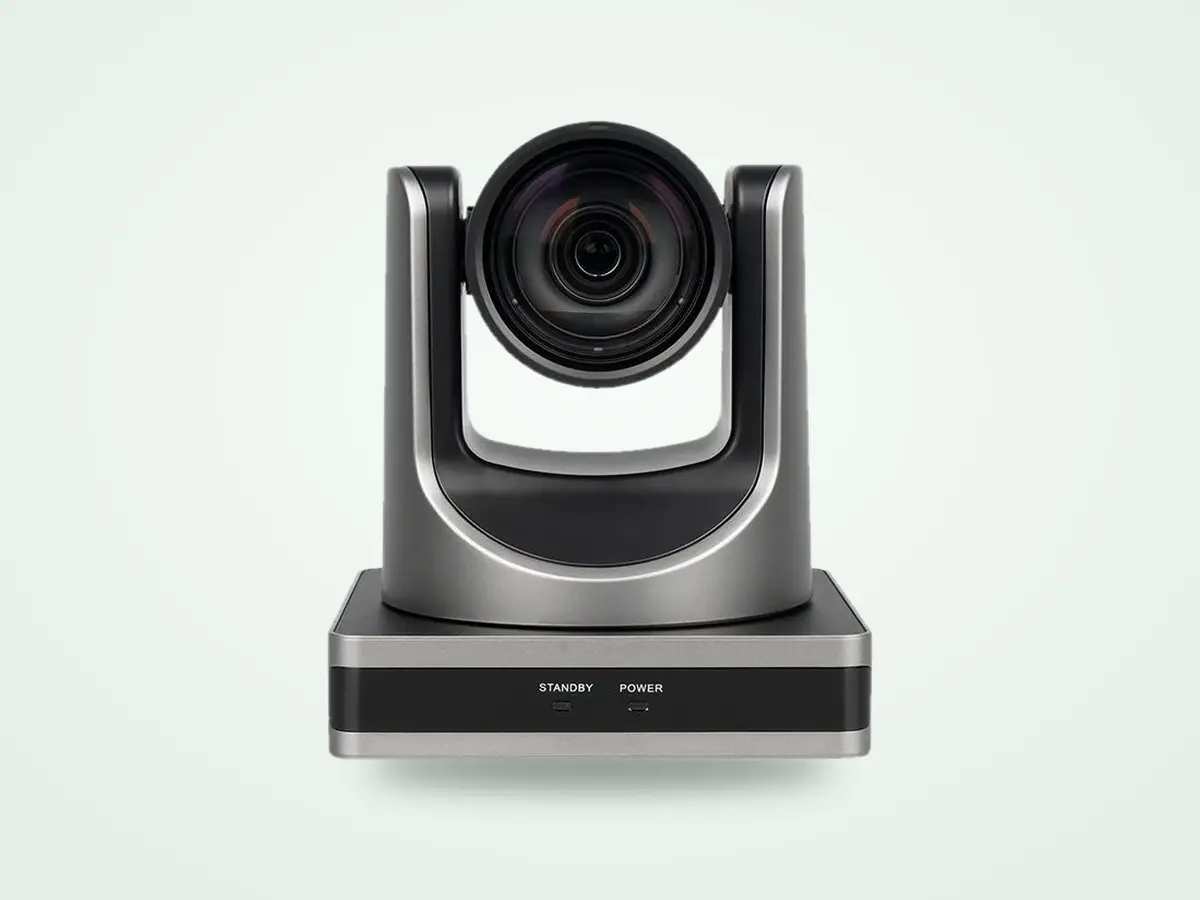 Desk Camera Wide, a 12x pan and tilt camera, in black, shown from the front