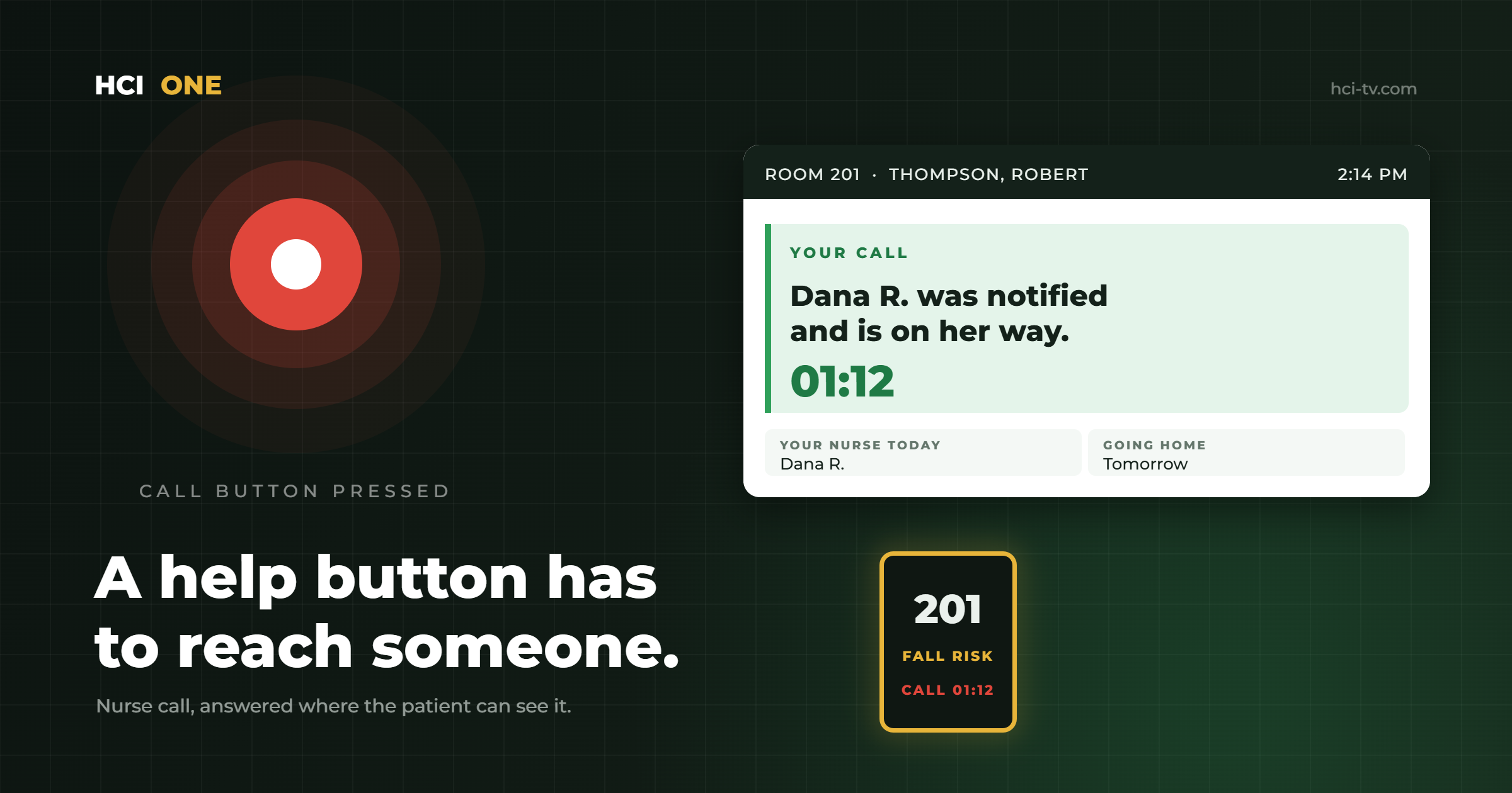 A call button lit red beside a patient room whiteboard reading: Dana R. was notified and is on her way, with a timer at one minute twelve seconds.