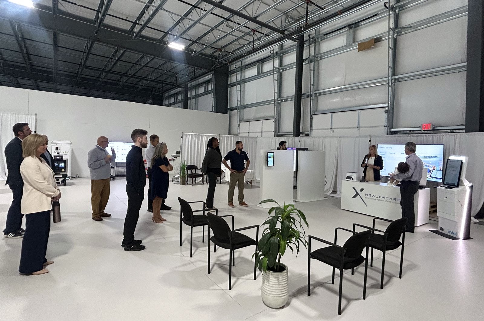 A hospital room built inside a warehouse showroom