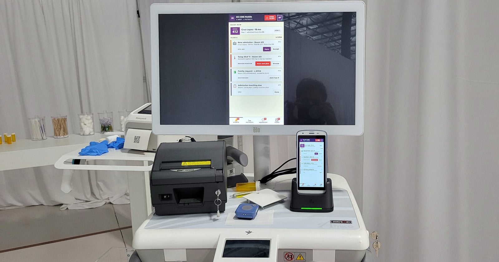 Work surface with label printer and handheld